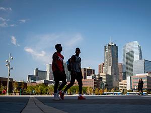 Students walking through Auraria Campus.